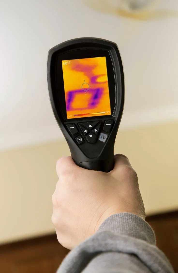 A thermal camera held up to a ceiling shows a damp patch on its screen.